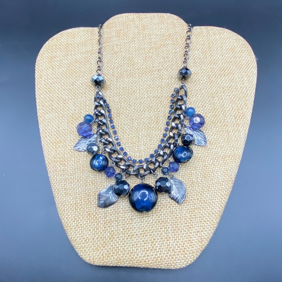 COOKIE LEE Blue Glass Beads Rhinestones Gunmetal Black Chain Statement Necklace - Picture 2 of 8